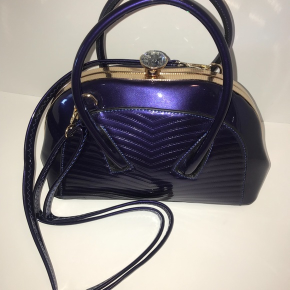Shiny Dark Purple Handbag with Shoulder Strap - Picture 1 of 7